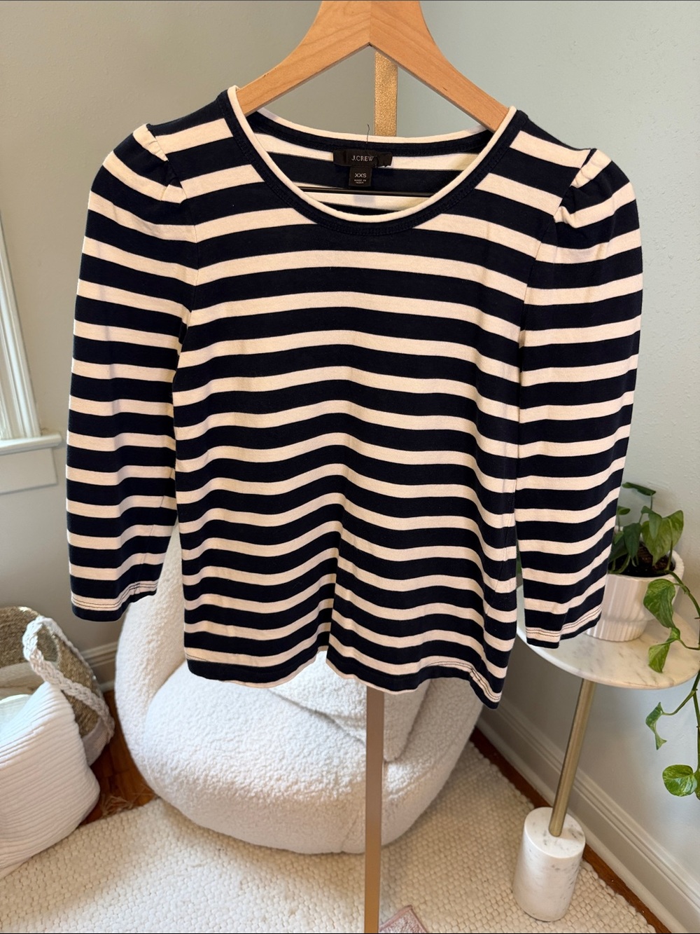 J. Crew Black and White Striped Puff-Sleeve Long Sleeve Tee